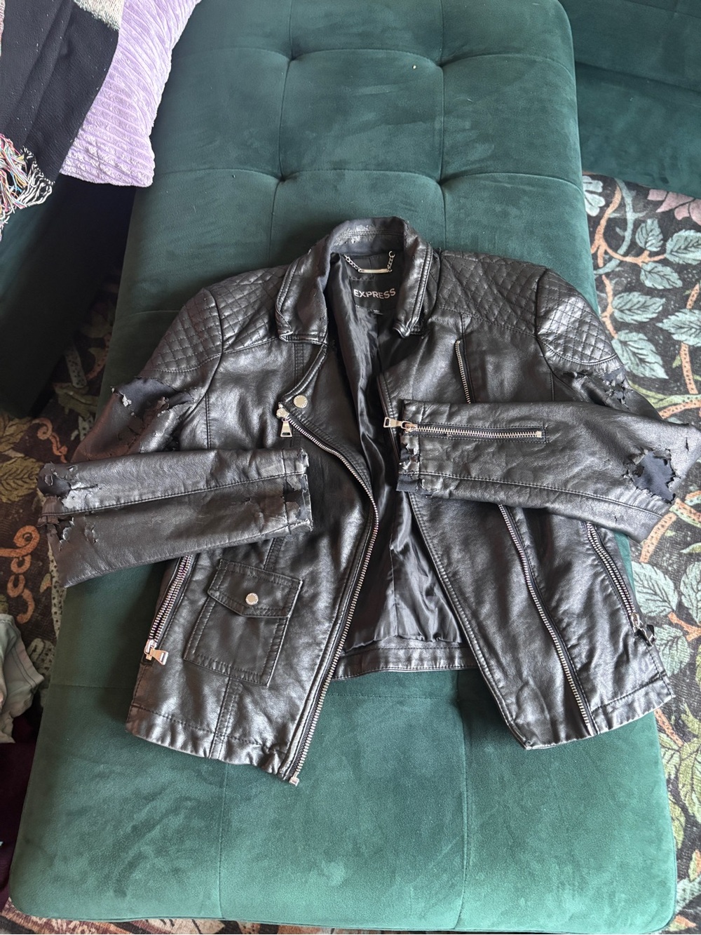 Express Black Quilted Sleeve Leather Jacket- faux leather very distressed